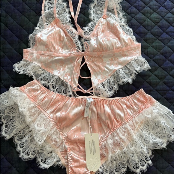 For Love And Lemons Other - For Love And Lemons Satin Lace Bralette & Ruffled Panty - Blush Pink